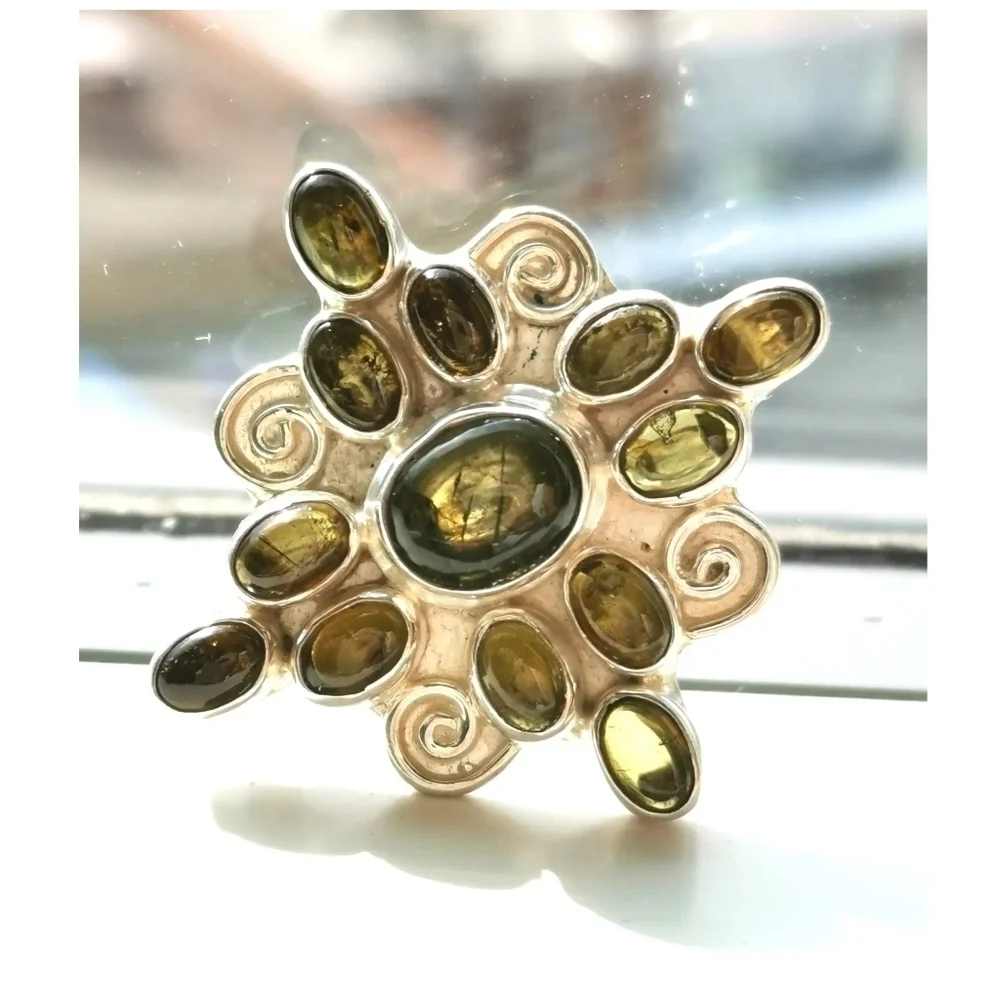 HANDMADE brooch sterling silver cabochon tourmaline